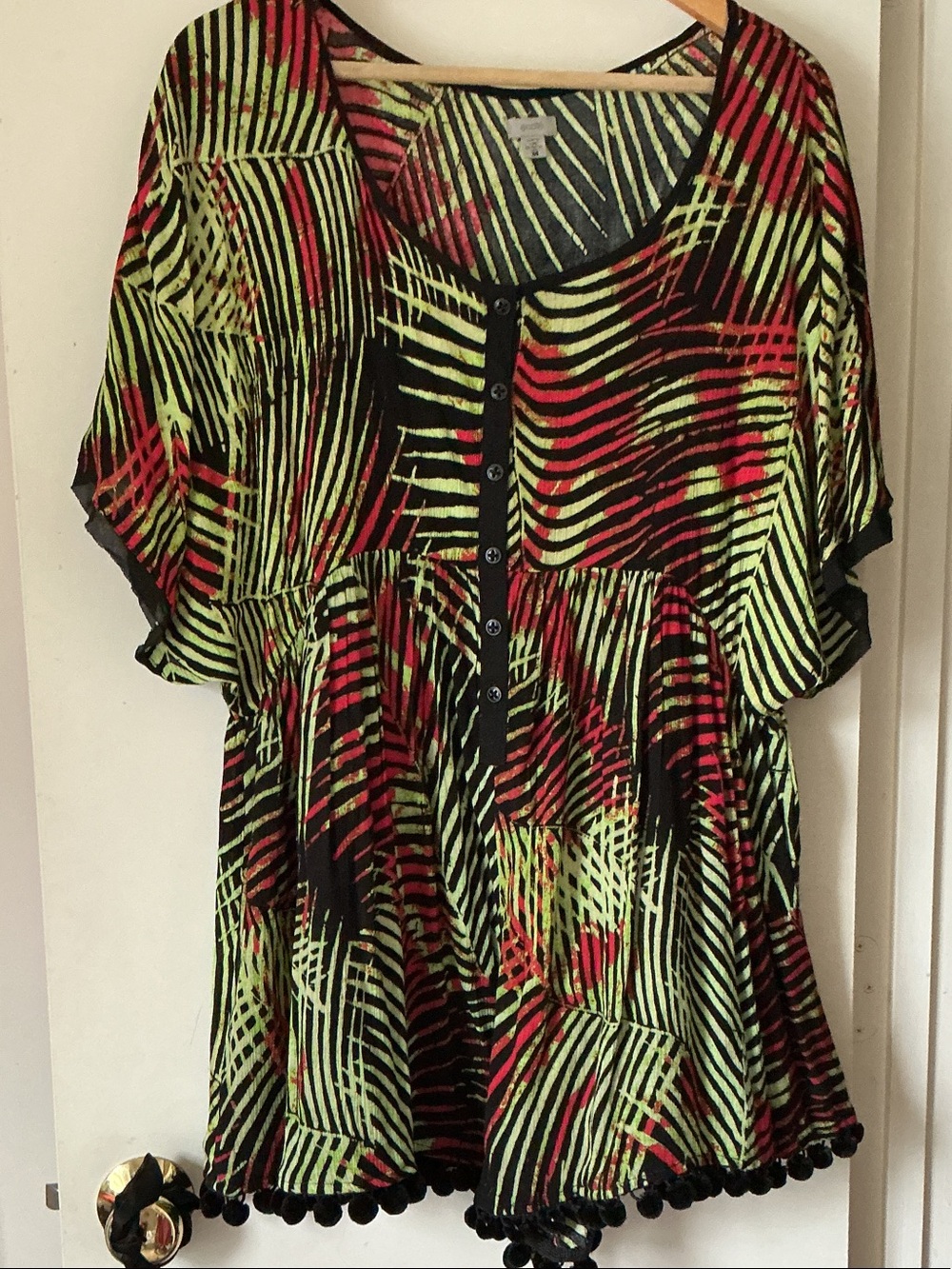 ECOTE Women’s Black Neon Palm-Print Button Front Romper